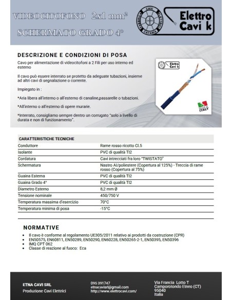 CAVO PER VIDEOCITOFONO 2x1 mm² SCHERMATO GRADO 4° 2 FILI TWISTATO BIPOLARE 2 POLI PROFESSIONALE UNIVERSALE MADE IN ITALY