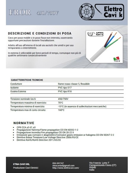 CAVO ELETTRICO FROR 7G1 mm² GOMMATO ANTIFIAMMA FLESSIBILE MULTIPOLARE 7 POLI 450/750V CPR PROFESSIONALE MADE IN ITALY