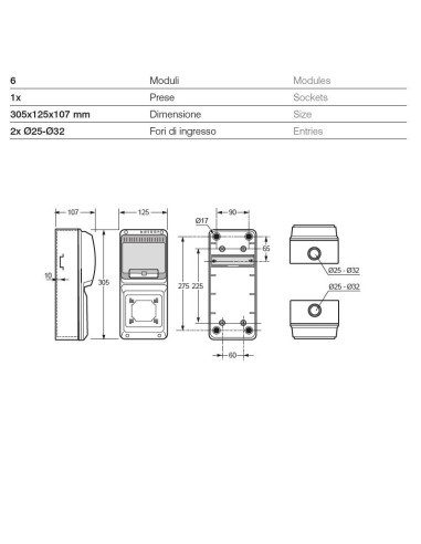 QUADRO VUOTO IP65 6 MODULI 1 PRESA IN...