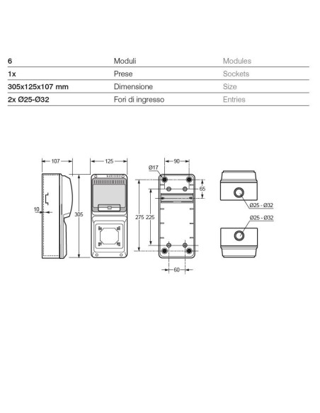 QUADRO VUOTO IP65 6 MODULI 1 PRESA IN ABS MADE IN ITALY ROSI